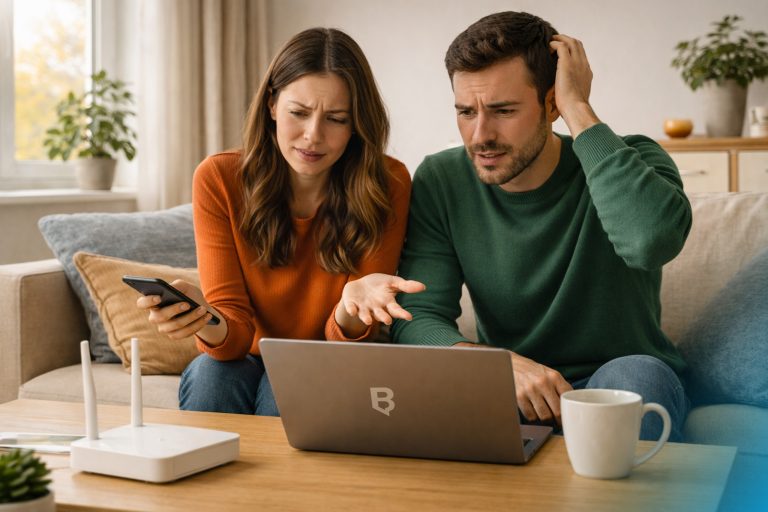 Problemas de WiFi. Dos personas preocupadas delante de un ordenador por la conexión.